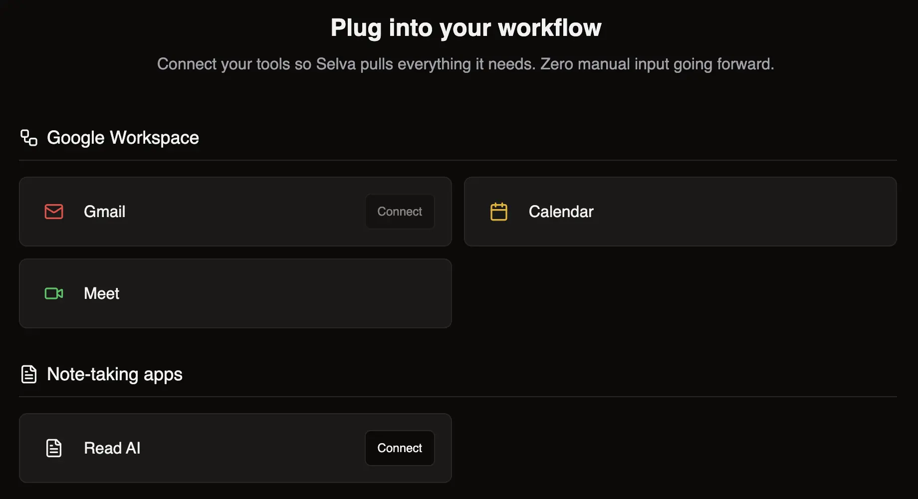 Selva one-click Google Workspace integration showing Gmail, Google Calendar, and Google Meet connection for automatic email and meeting sync